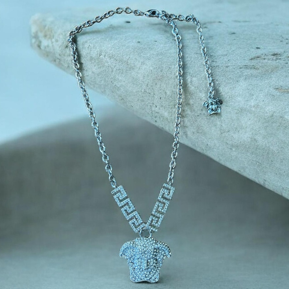 Versace, Medusa, silver, and crystal pendant necklace with Greca accents! New!